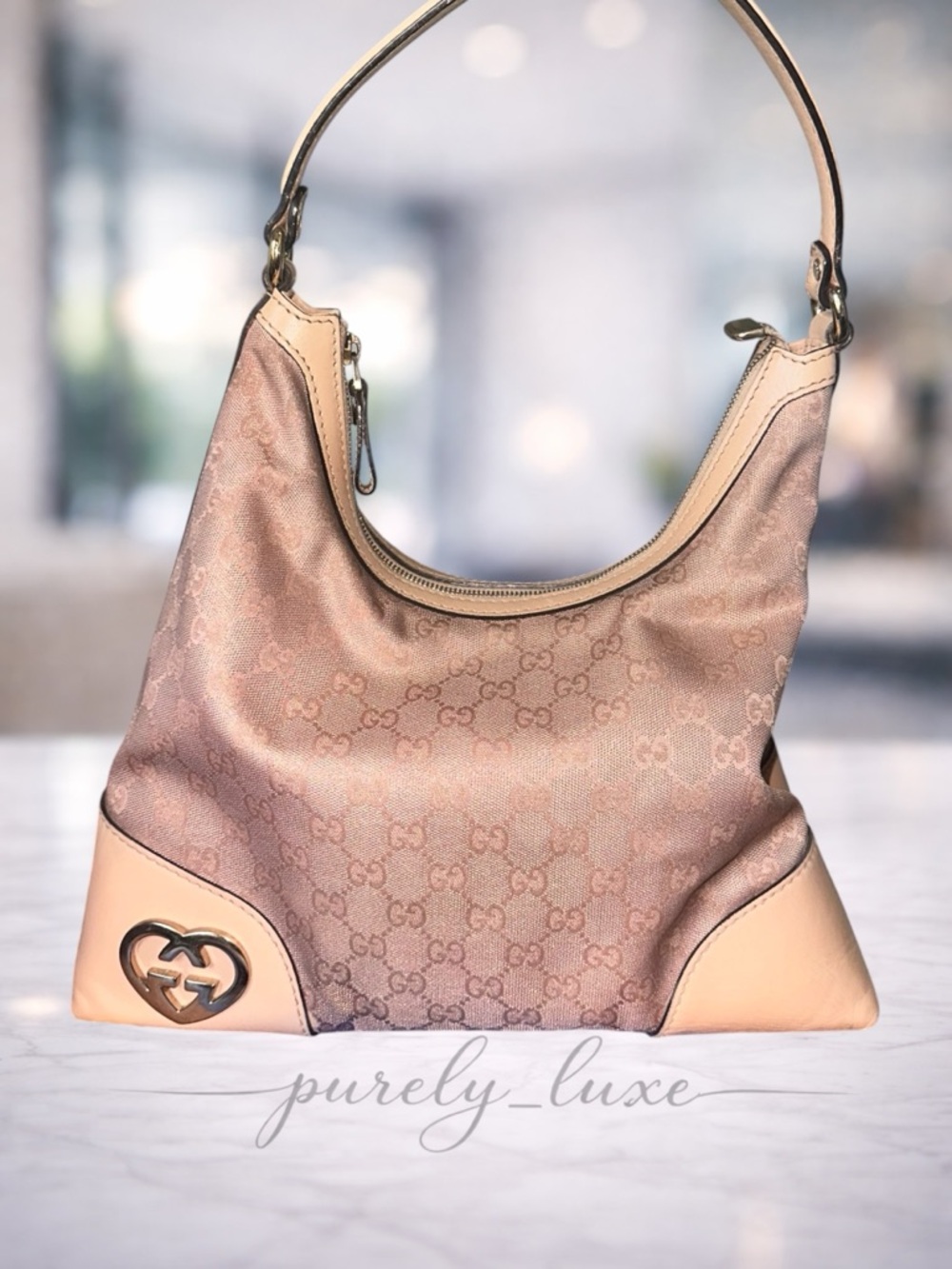 Authentic Gucci Pink Monogram Shoulder Bag with Gold Tone Logo- FREE COA